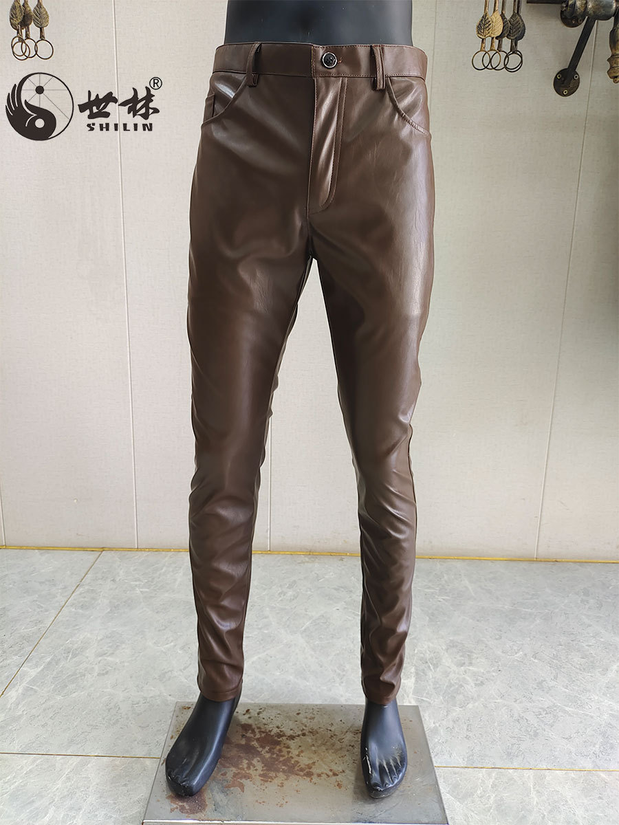 Новые кожаные брюки для мужчин, коричневые, повседневные, узкие, для мотоциклов, стиль K, большие размеры, оптовая продажа, кросс-бордерные осень и зима