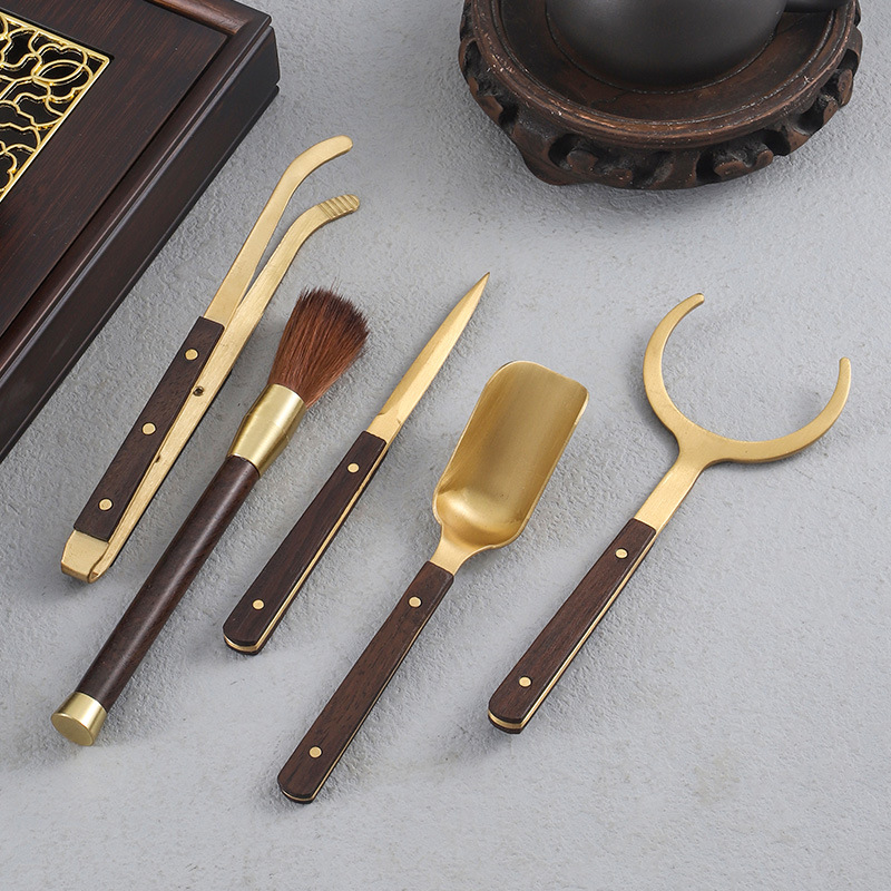 Pure brass tea ceremony six gentlemen suit brass solid wood combined tea clip teapot pen kung fu tea set accessories six gentlemen