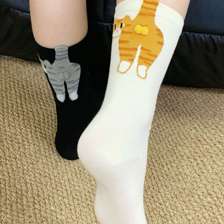 Summer In-Stock Abstract 3D Cat Egg Socks Mid-Calf Socks for Women Cute Quirky Cat Ins Japanese Style Long Socks for Women