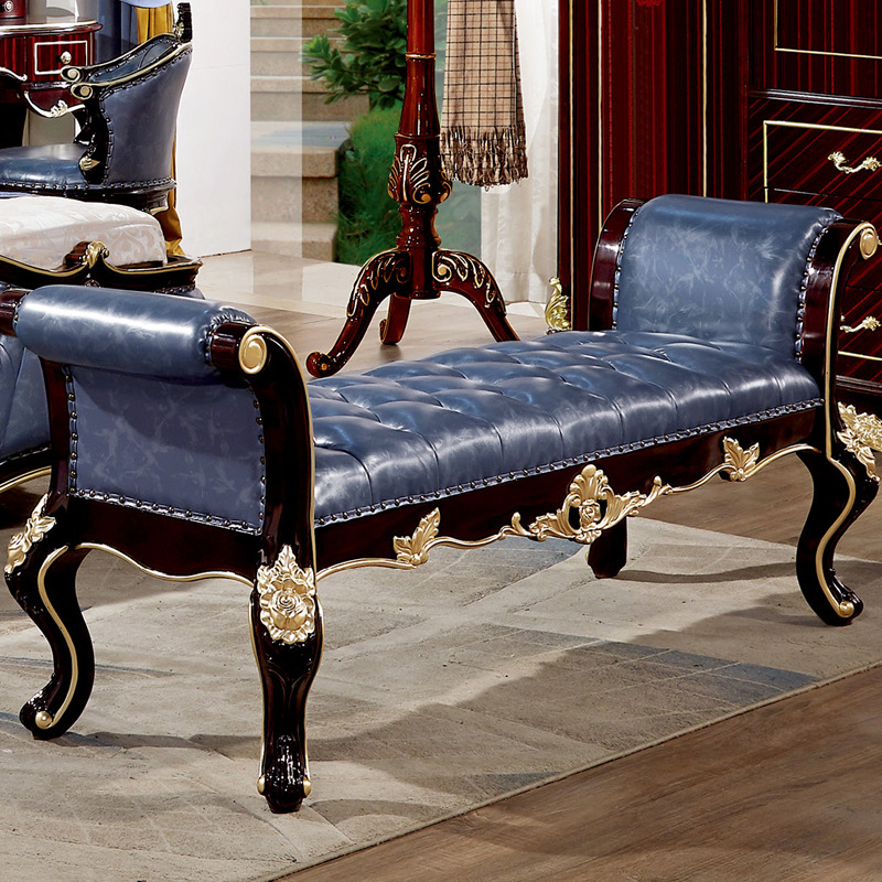 European-style bed Ebony solid wood bed top layer cowhide double wedding bed solid wood bedside table four-door wardrobe European-style dressing table