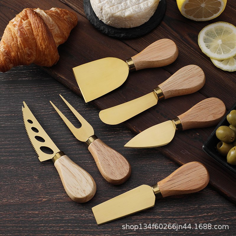 In-Stock Wholesale Rubber Wood Handle Cheese Tools 420 Stainless Steel Cheese Pizza Knife Cutlery Forks Hot Sale in North America