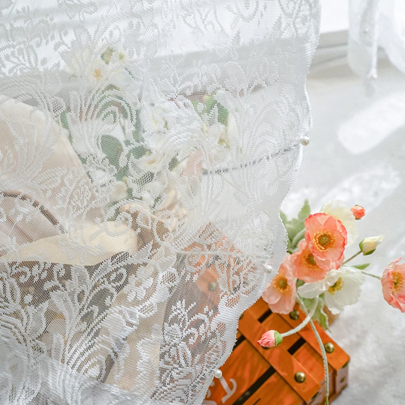 [Magic Tape Style] French Pearl Sheer Curtain, No-Punch Lace Curtain, Sheer Curtain, Door Curtain, Partition Curtain