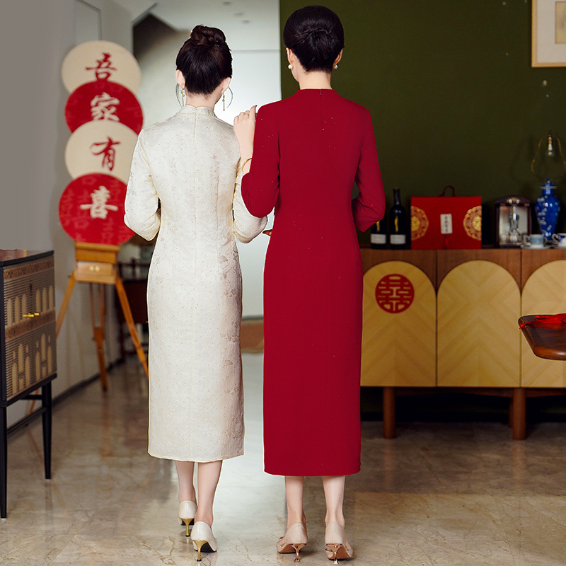 Xi mother-in-law wedding dress wedding mom Chinese dress women's spring dress noble mother-in-law cheongsam dress mid-length