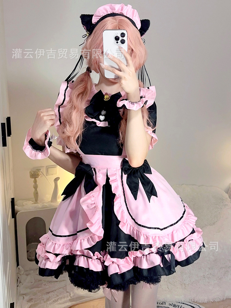 Милый черный розовый костюм горничной Лолита платье мягкой девочки аниме тяжелая промышленность юбка Лолита