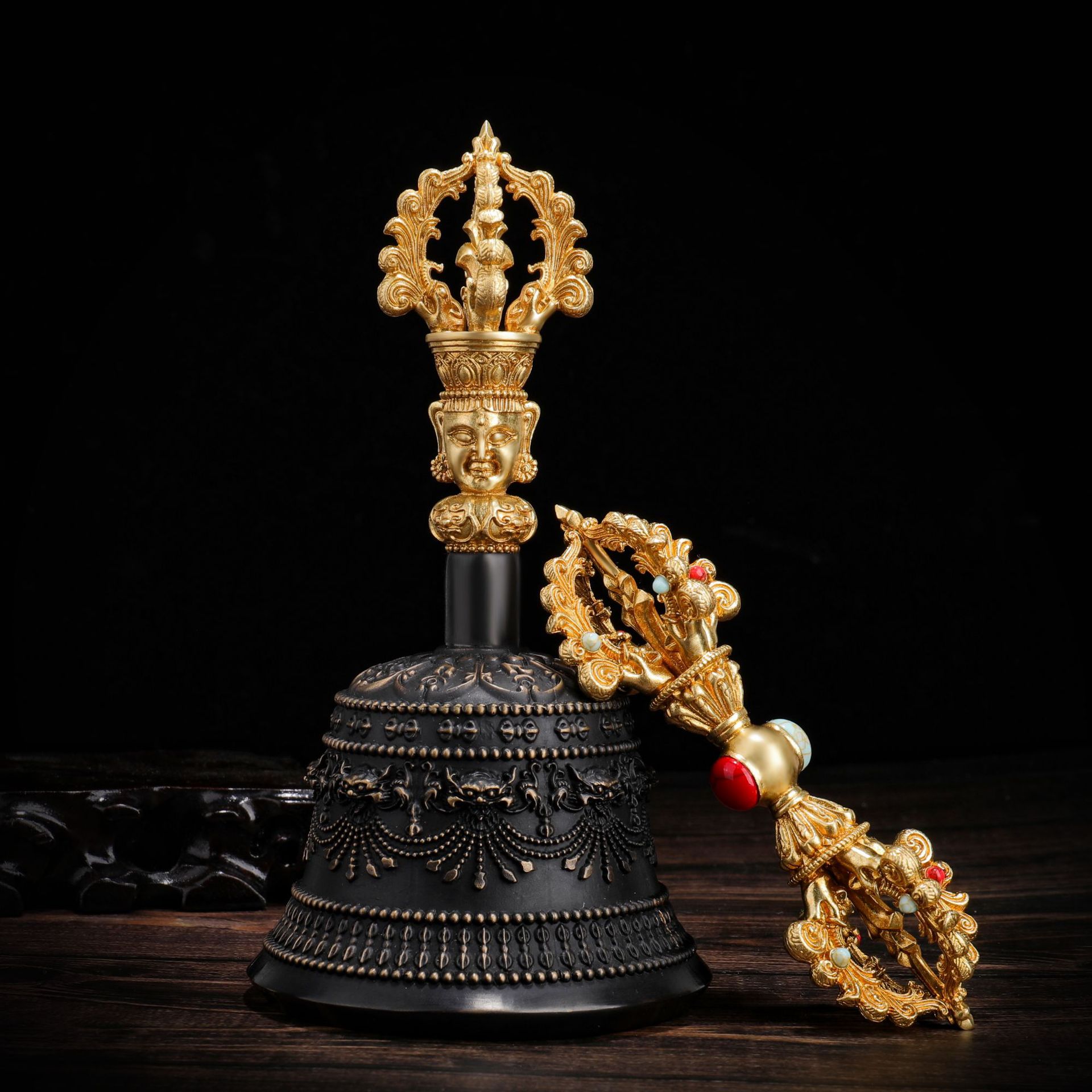Brass King Kong Bell and Pestle Xizang Five-strand King Kong and Pestle Buddhist Musician Hand-cranked Dharma Bell Ornaments Large Dharma Articles