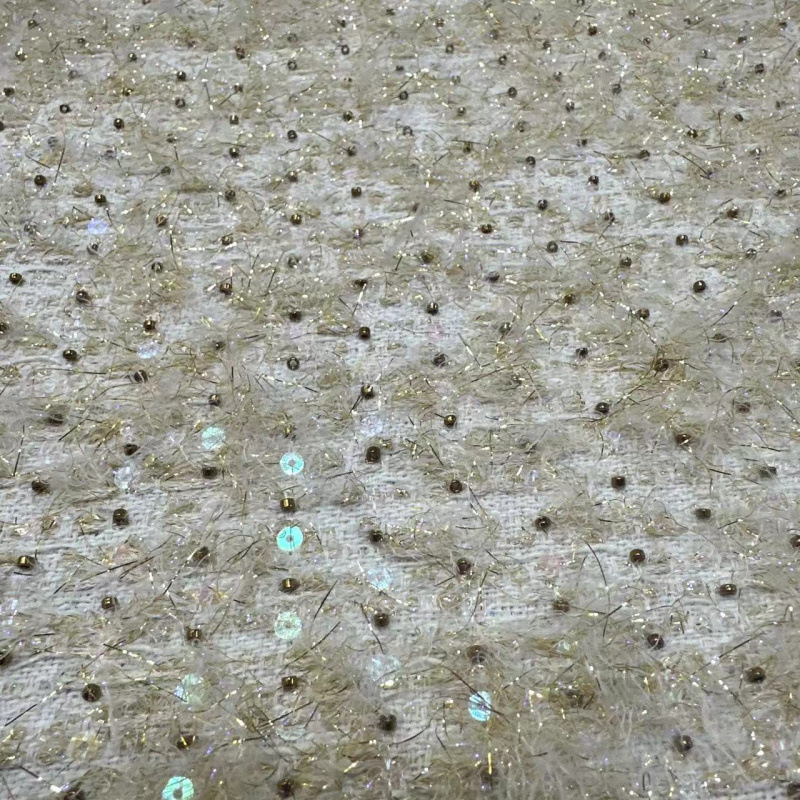 Tweed Style Fabric Woolen Fabric Gold Silk Bead Embroidery Jacket Autumn and Winter Dress Fabric Fashion