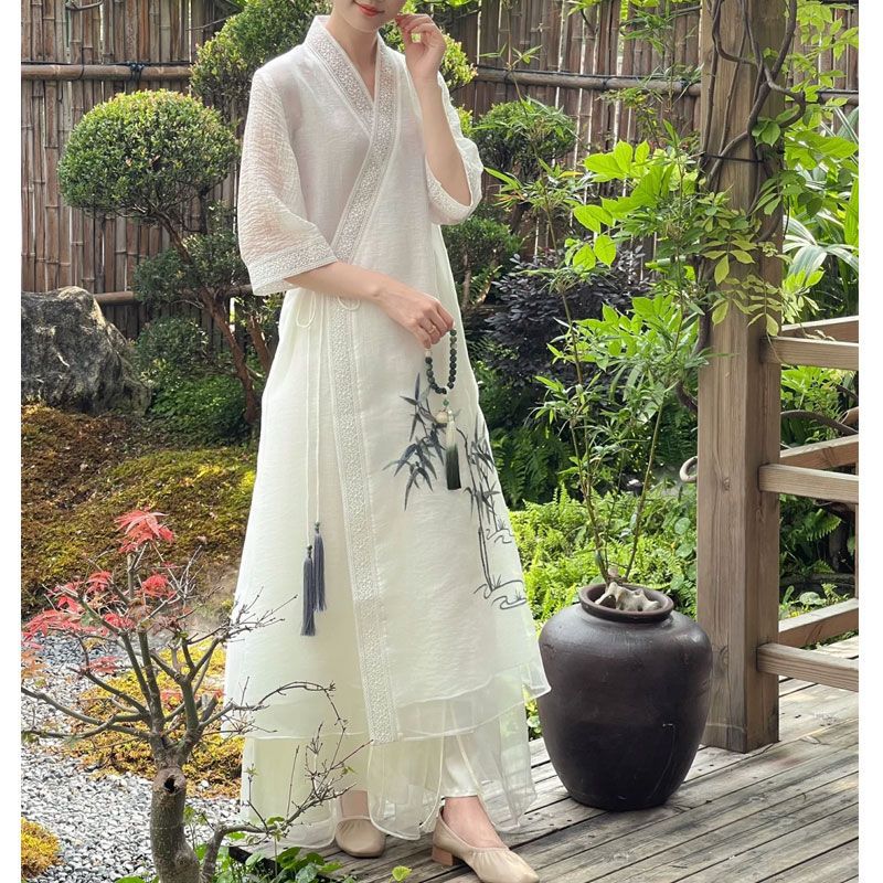 Spring 2025 Daily Fairy Zen Tea Clothing Chinese Hanfu Improved Cheongsam Little Man Tea Artist dress