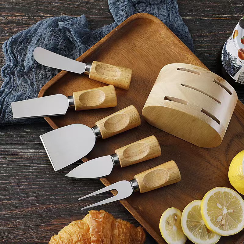 Cross-Border Rubber Wood Handle Cheese Handle Cheese Knife Set Stainless Steel Cheese Knife and Fork 6-Piece Set Including Wooden Base