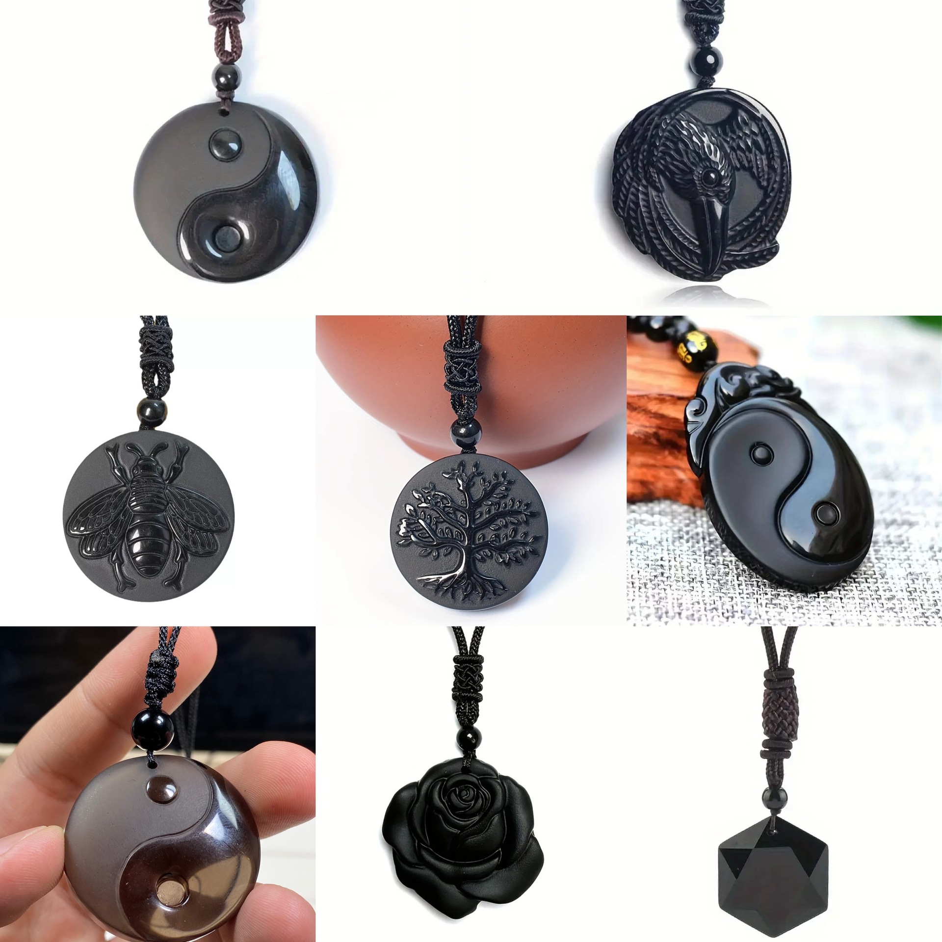 Cross-Border Popular Natural Obsidian Tai Chi Bagua Crow Tree of Life Hexagram Rose Bee Pendant Loose Stone