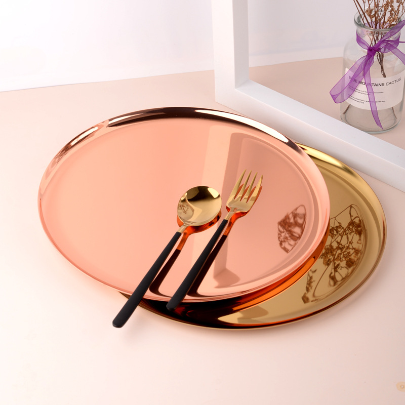 Оптовый металлический круглый поднос, нержавеющая сталь, золотой декоративный поднос для фруктов, чайный поднос, металлический контейнер