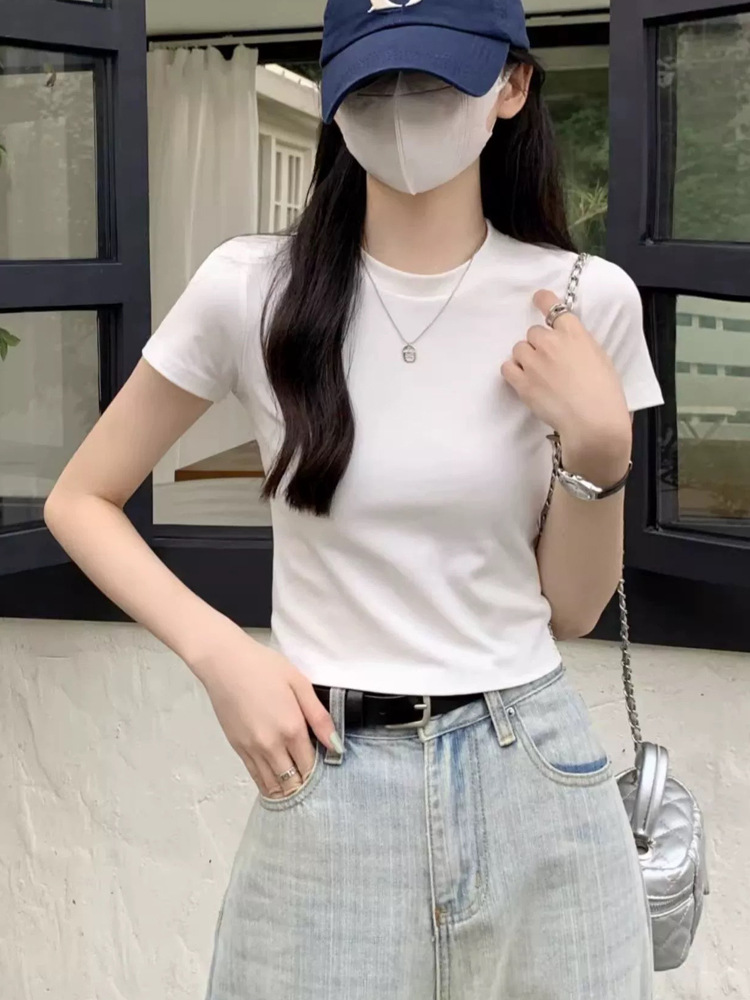Pure Cotton T-Shirt Women's Summer Short-Sleeved High-Waist Sexy Slim-Fitting Pure Color Right-Shoulder Short-Sleeved Top Bottoming Shirt