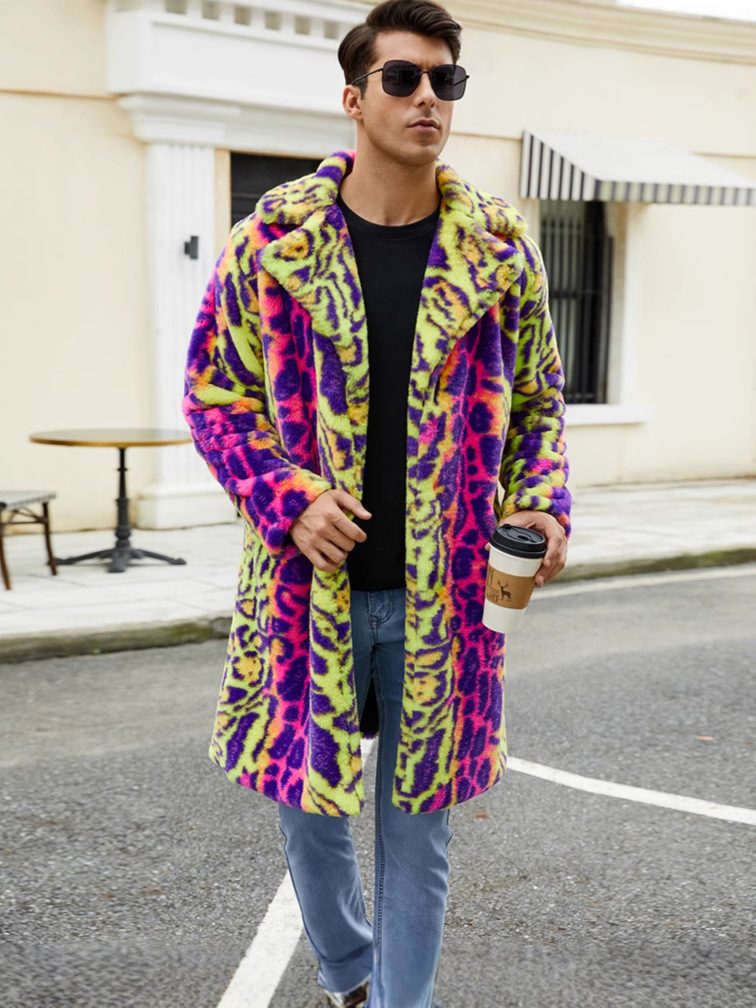 F0774 Cross-border European and American Men's Faux Fur Coat Autumn and Winter Warm Plush Coat Leopard Contrast Coat