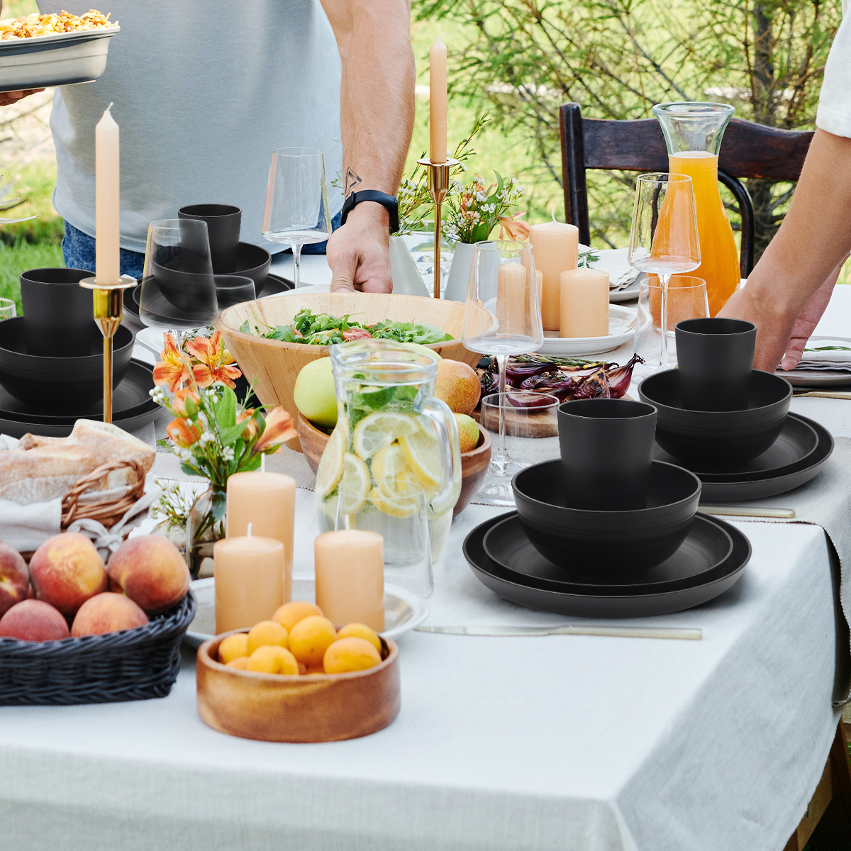 Cross-Border Wheat Straw Bowl and Plate Set, Household Dinner Plate, Soup Bowl, Water Cup, Black Tableware, 16-Piece Set, High-End Tableware