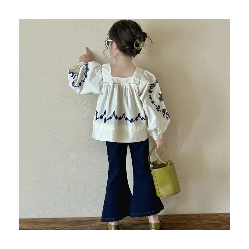 Children's Korean-style Shirt 2025 Spring New Girls' Sweet Girl Square Collar Doll Shirt Top All-match Loose Jeans