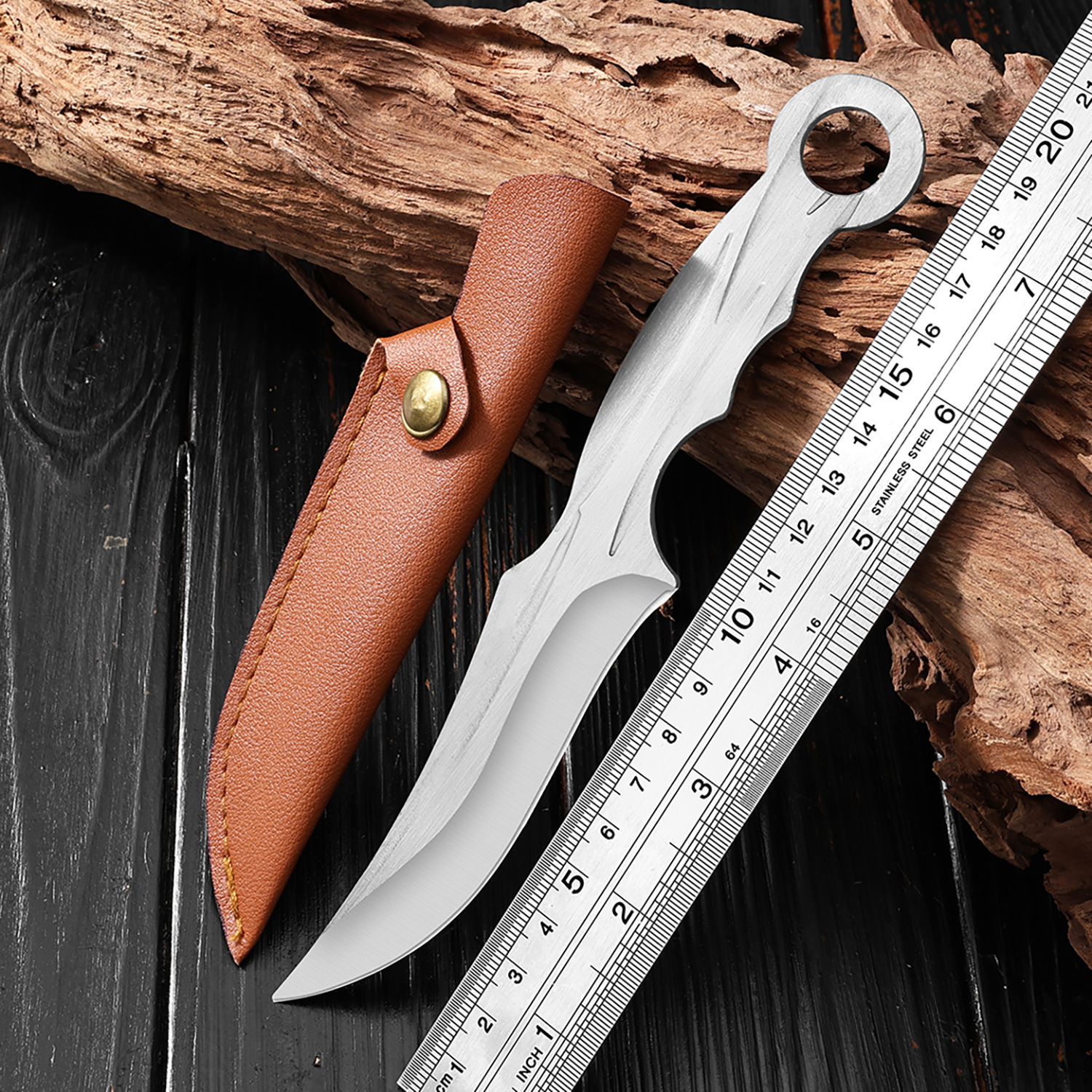 Hand-Held Meat Knife, Outdoor Portable Knife, Multi-Purpose Finger Ring Knife, Straight Knife for Camping, Mongolian Barbecue Finger Ring Knife