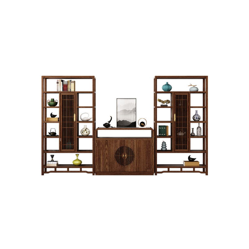New Chinese Style Bookcase Bookshelf Combination Tea Cabinet Black Walnut Solid Wood Ancient Shelf Storage Cabinet High-End Furniture
