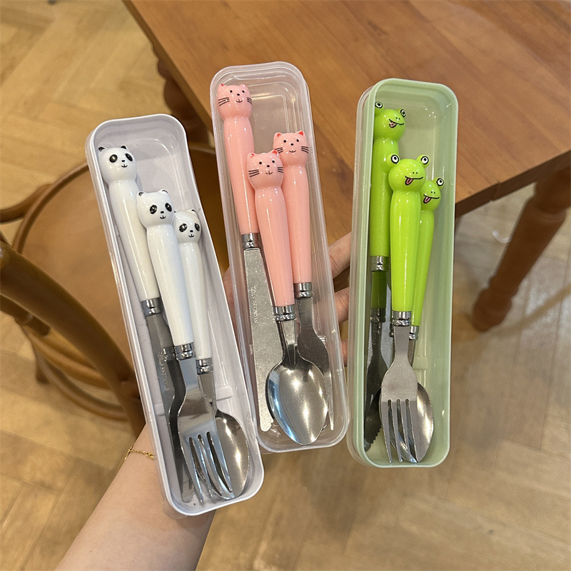 Creative Stainless Steel Portable Tableware Cartoon Imitation Ceramic Handle Stainless Steel Knife, Fork and Spoon Three-Piece Set Student Gift