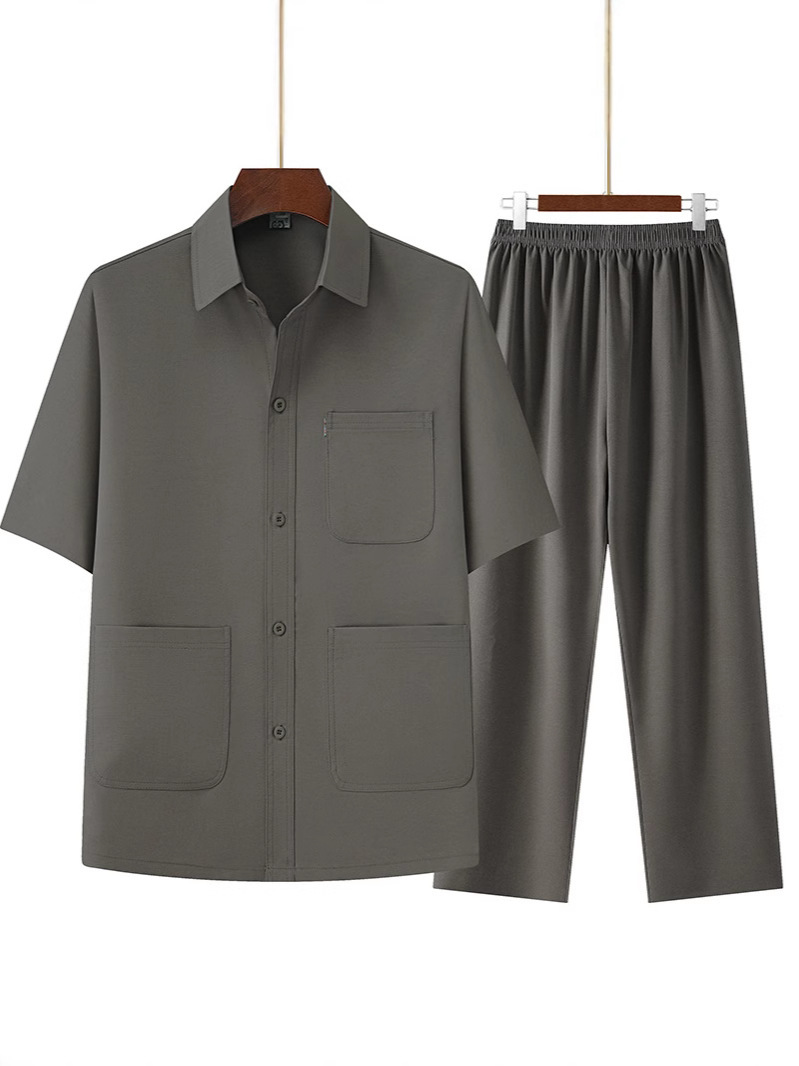 Middle-Aged and Elderly Dad's New Textured Two-Piece Top, Lapel Shirt, Elastic Band Pants, Thin Summer Short-Sleeved Suit