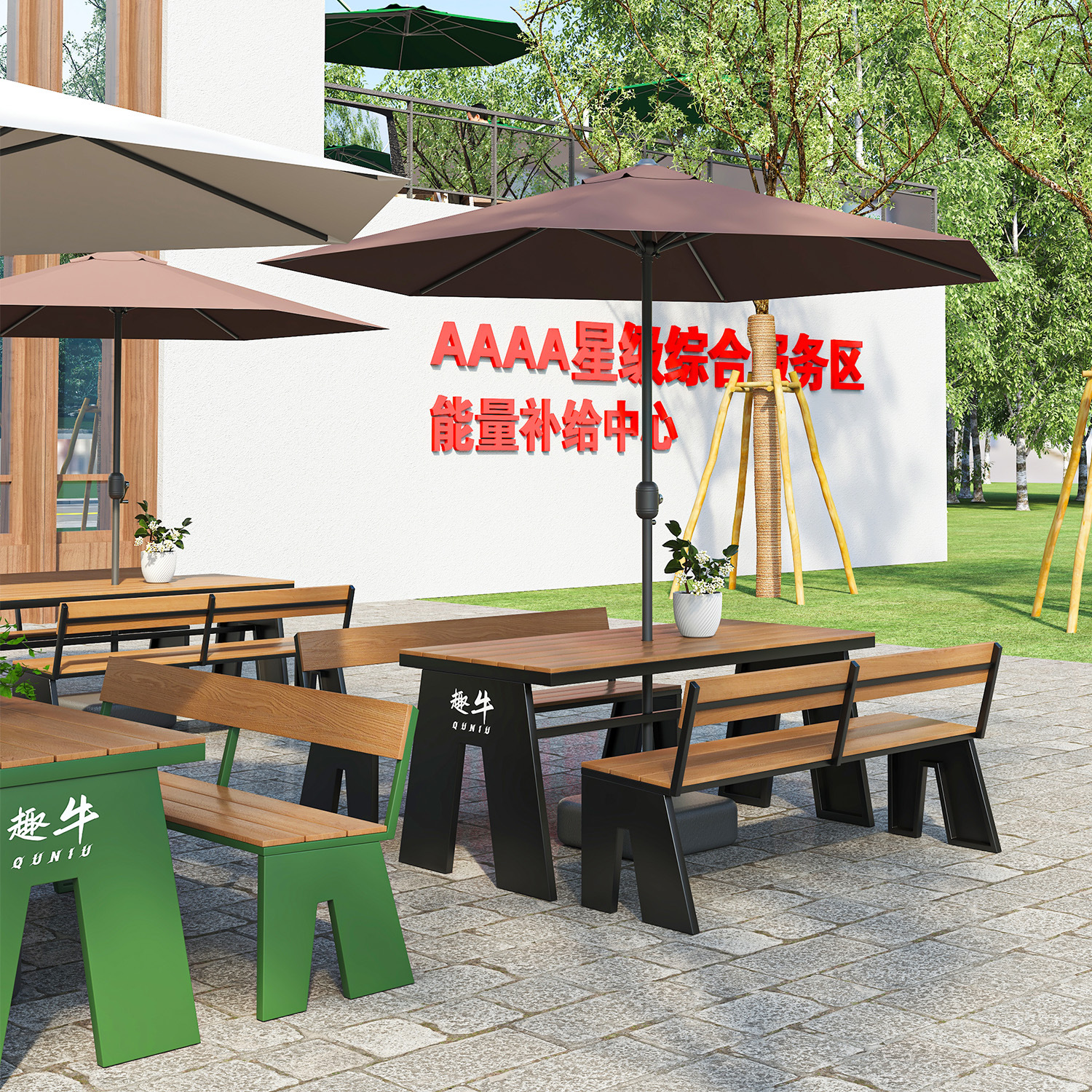 Outdoor Leisure Table and Chair Combination with Umbrella in Scenic Park, Municipal Square Reception Center, Commercial Outdoor Dining Table and Chairs