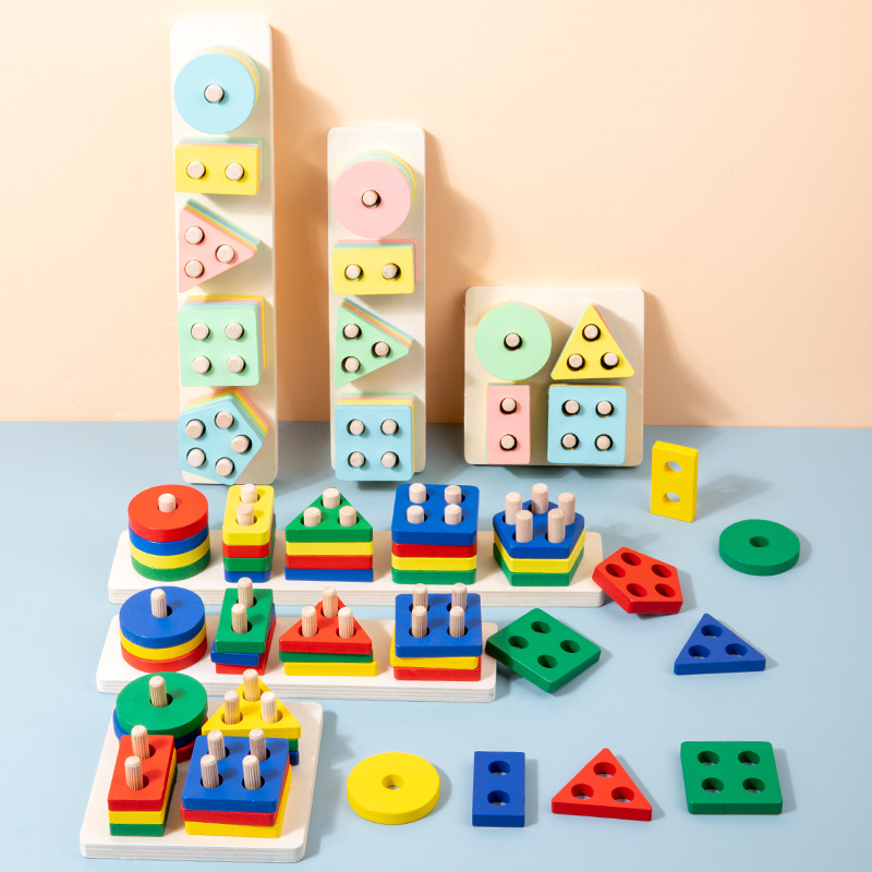 One-Piece Wooden Montessori early education toys geometric shape set column educational cognition five sets of column building blocks matching