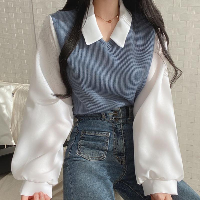 2025 Plus Size Fat Girl Fake Two-Piece T-Shirt Women's Patchwork Polo Collar Long Sleeve Sweatshirt Ribbed Loose Versatile Top