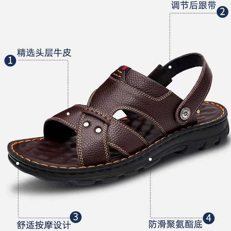 Sandals Men's Casual First Layer Cowhide Beach Shoes Summer New Plaid Dual-Purpose Sandals and Slippers Genuine Leather Versatile Outdoor