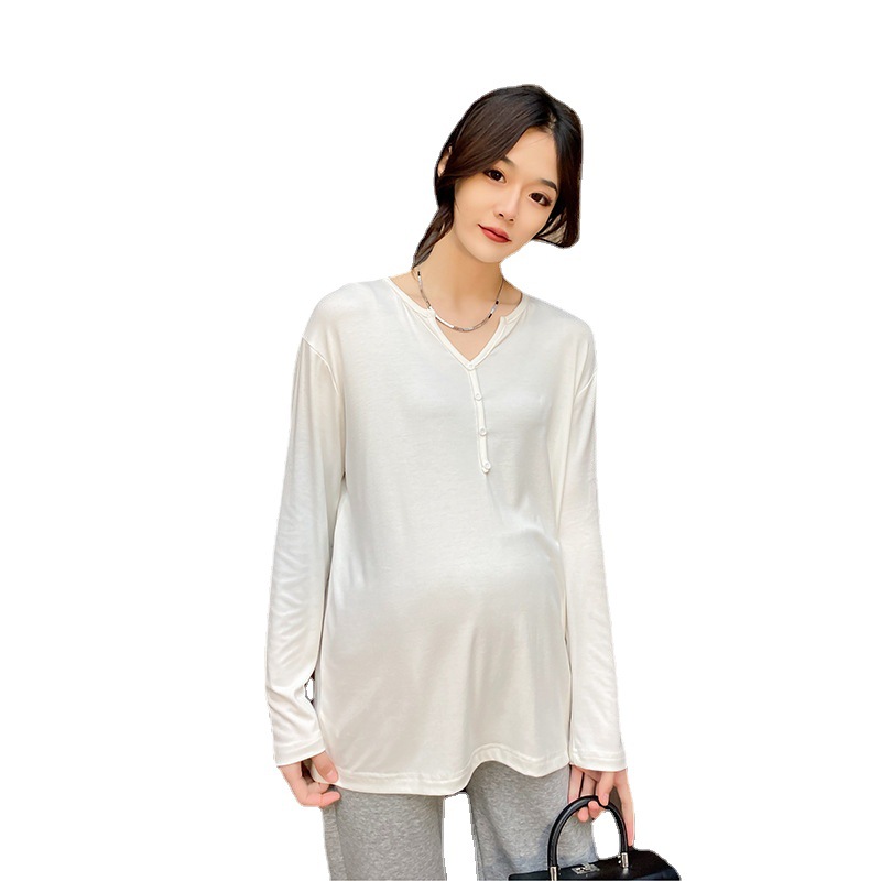 Maternity Wear, Confinement Clothes, T-Shirts, Maternity Bottoming Shirts, Long-Sleeved Large Size Extbottomed V Neck Tops, Pure Color Spring, Summer and Autumn Inner Wear