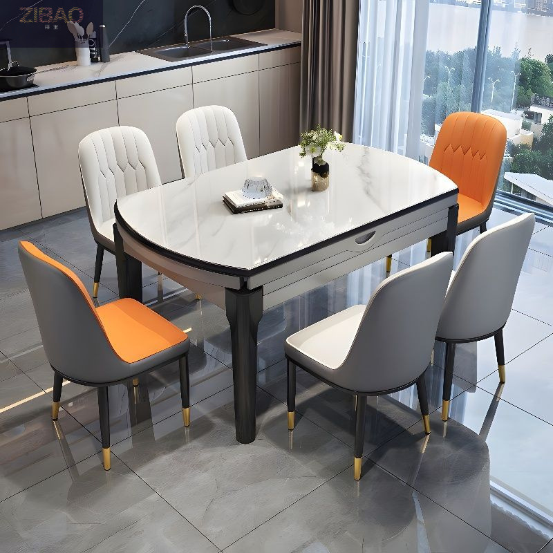 Rock Board Dining Table and Chair Combination Modern Simple Household Small Apartment Light Luxury Dining Table Variable Round Table Telescopic Solid Wood Dining Table