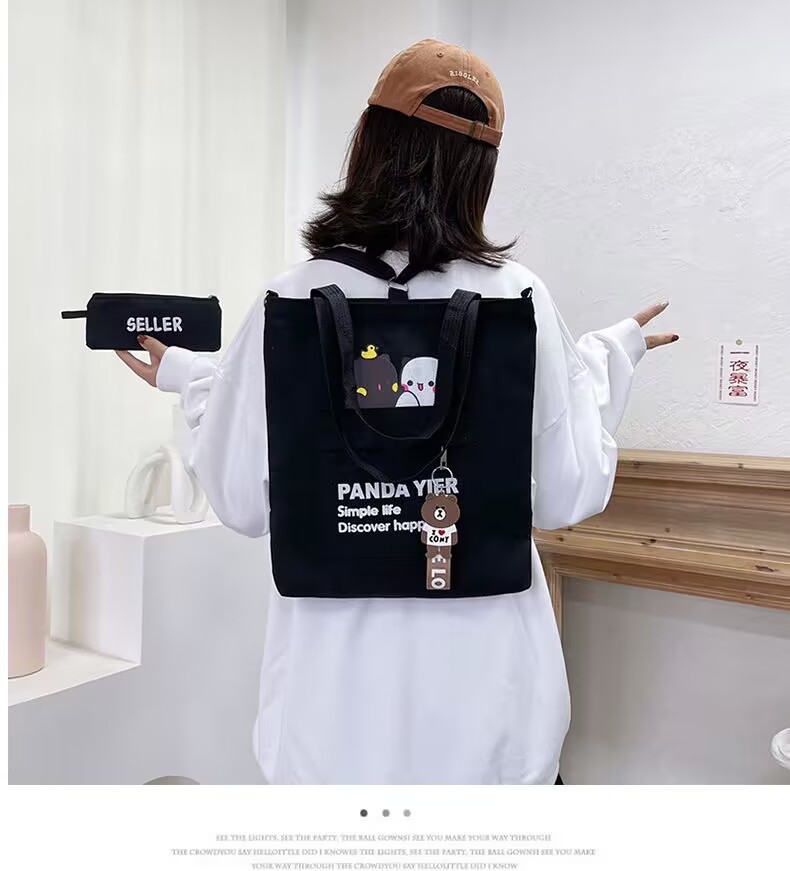 Factory supply single shoulder canvas bag cartoon bear two-piece set student double back canvas bag crossbody large capacity tote bag