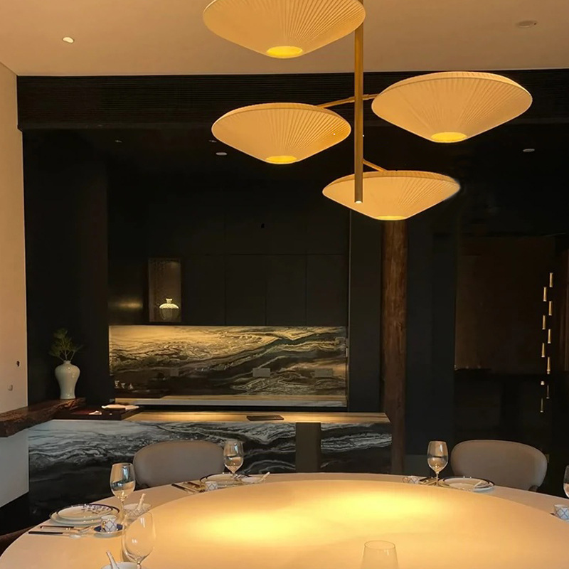 Dining Chandelier New Chinese Style Hotel Special Box with Spotlight Round Hotel Lobby Bedroom Restaurant Fabric Ceiling Light