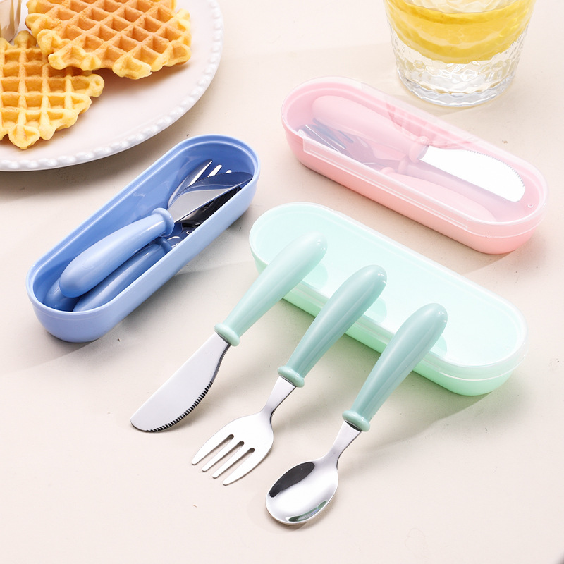 Cross-border Hot Selling 304 Stainless Steel Children's Spoon Fork suit Student Baby Feeding Tableware Baby Dining Portable Box