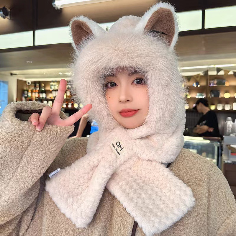Fox Ears Hat Scarf One-piece Hat Scarf Two-piece Set Cute Fluffy Hat Scarf Two-piece Set
