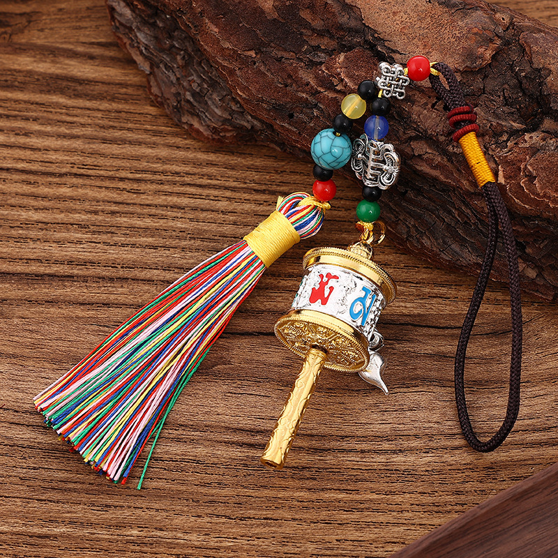 Xizang Six-Character Hand-Cranked Prayer Wheel Colorfulful Pendant Bag Hanging Bagua Colorfulful Tassel Car Pendant Keychain Accessories