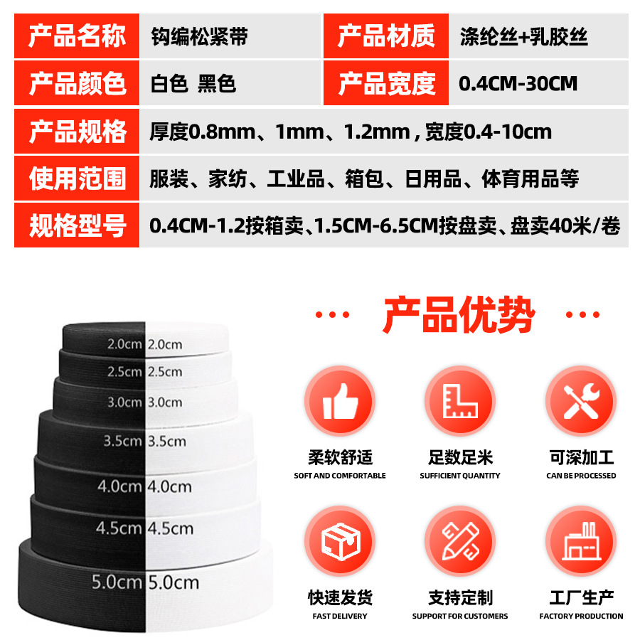 Manufacturer Wholesale Accessories Black and White Elastic Band with Latex Thickened Waistband for Clothing Flat Wide Crochet Elastic Band