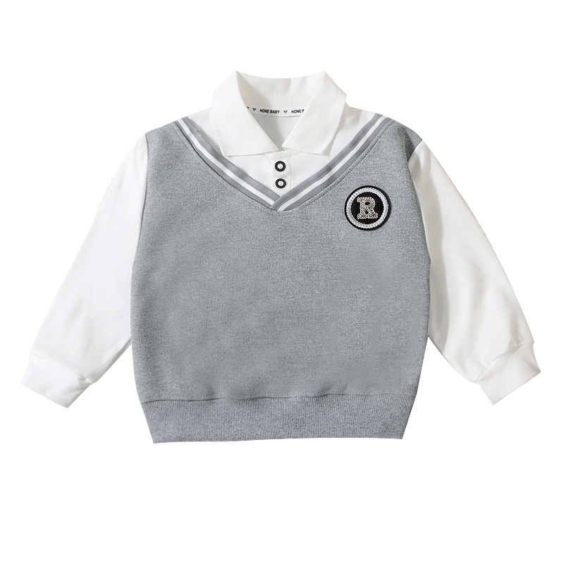 Spring and Autumn Boy's Lapel Sweater Children's Polo Shirt British Style Fake Two-piece Fashionable College Style Top for Middle and Big Children