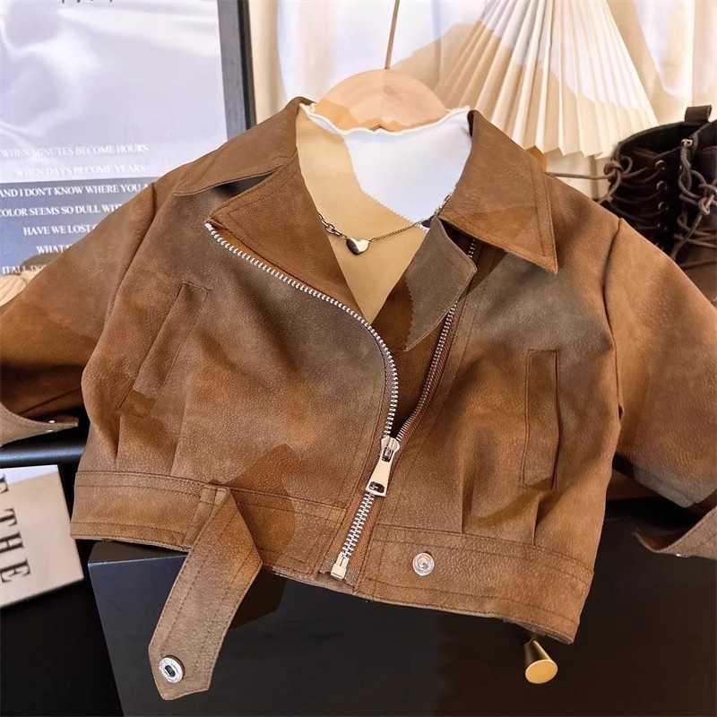 Girls' Leather 2024 Autumn New Children's Western Style Korean Baby's Biker Coat Spring and Autumn Jacket Top