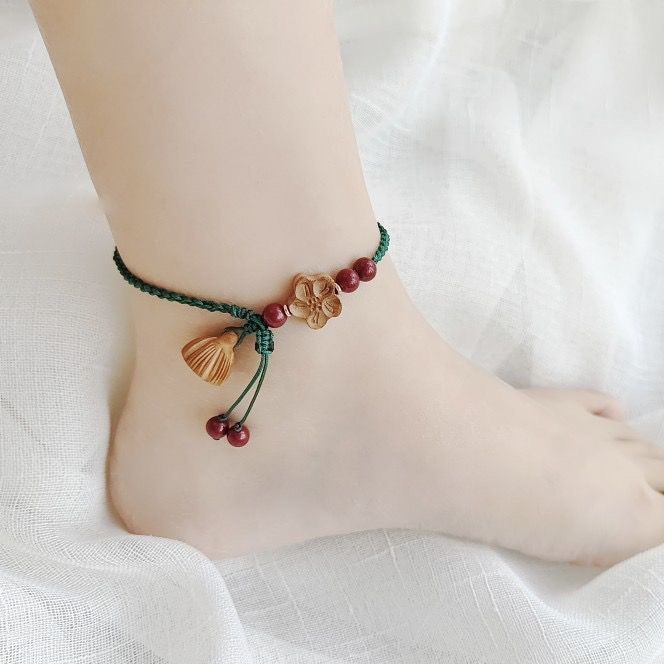 New Internet Popular Antique Ethnic Style Old Peach Wood Red Rope Anklet Women's Wided Rope Simple Lotus Canopy Shore Girlfriend Gift