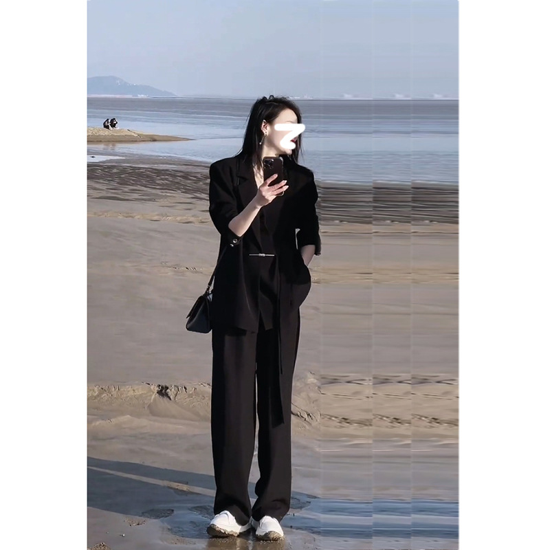 [Ready Stock] 2024 Plus Size Women's Spring & Fall Slightly Fat mm Suit Design Suit Wide-Leg Pants Two-Piece Set 235