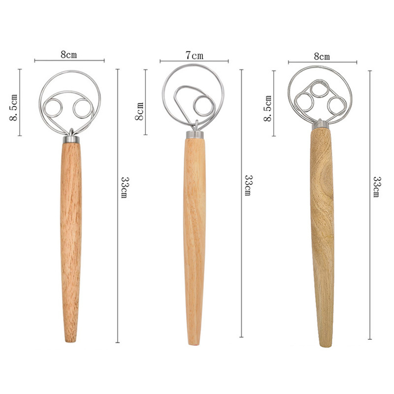 Wooden Handle Powder Mixer, Danish Dough Mixing Stick, Manual Stainless Steel Egg Beater and Dough Mixer