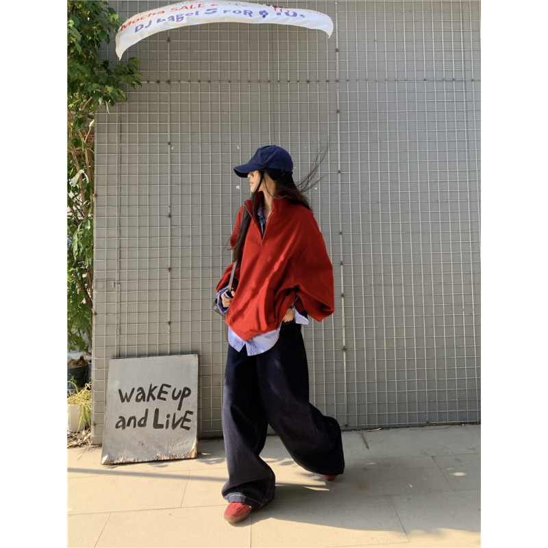 Real shot real price minimalist heavyweight half zipper stand collar loose thick thin all-match pullover sweater