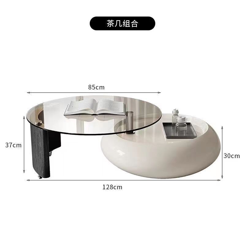 Rotating Cream Style Coffee Table Small Apartment Living Room Designer Light Luxury High-End Round Tempered Glass Coffee Table Combination