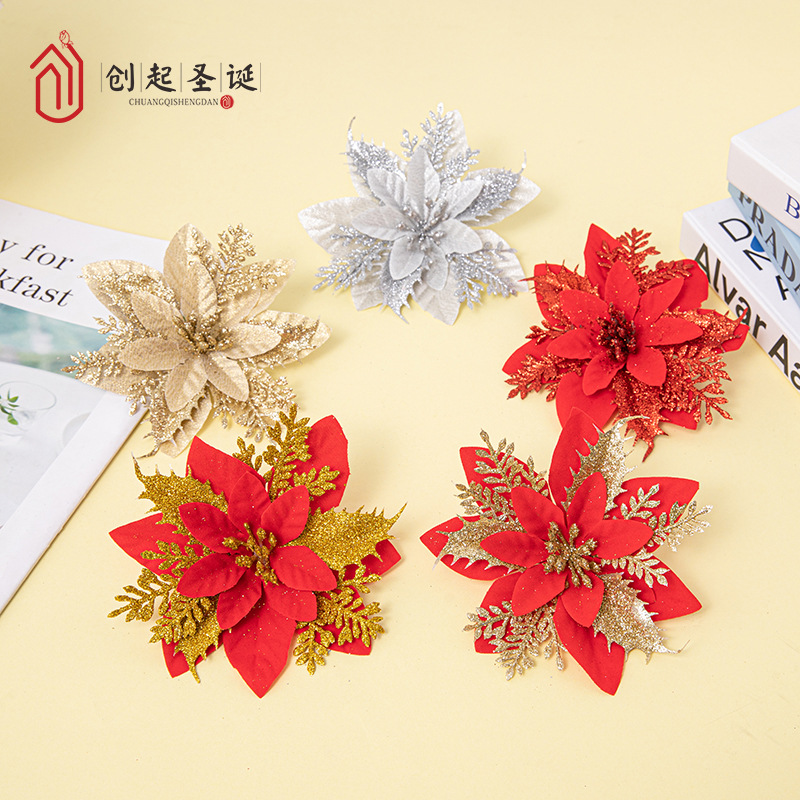 Three-Layer Gold Powder Christmas Flowers, Popular High-End Three-Dimensional Artificial Flowers, Christmas Tree Decorations, Decorative Fake Flowers Wholesale