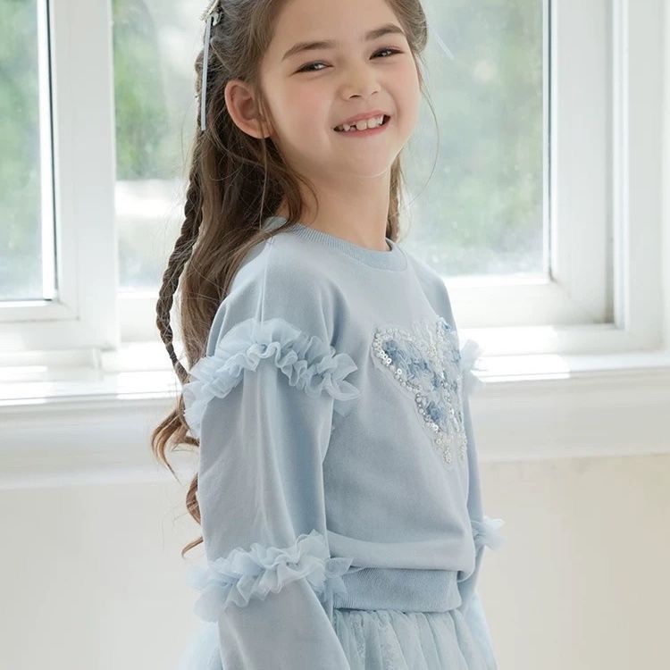 Autumn and Winter Children's Clothing Girls' Sweatshirts Lace Medium and Large Children's Long-Sleeved Mesh Fungus Princess Little Girl Fashionable