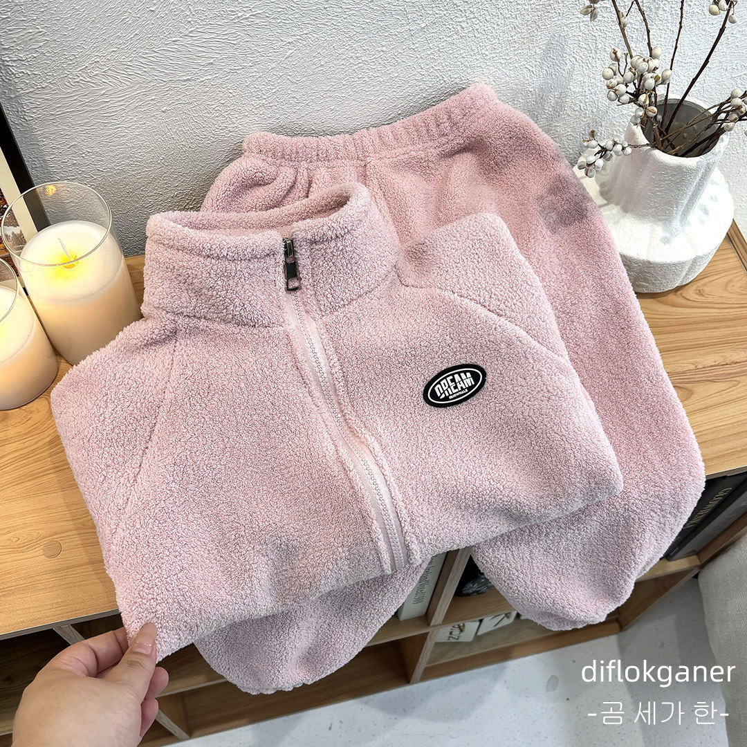 New Children's Double-sided Fleece suit Autumn and Winter Baby Warm Woolen Sweater Two-piece Set for Boys and Girls Windproof Collar