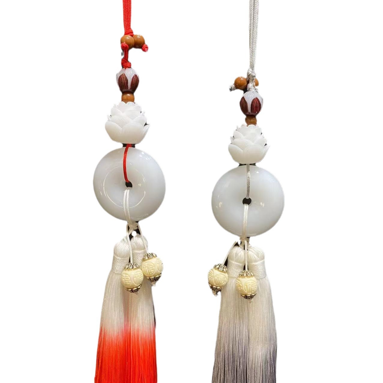 New car pendant bodhi lotus flower safety buckle imitation white ivory fruit carving craft pendant double gradient tassel pendant