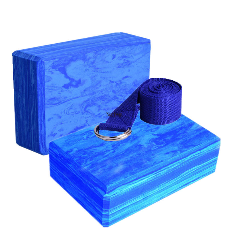 Yoga brick gradient blue three-piece set Yu high density brick stretch stretch band yoga rope beginner auxiliary tool suit