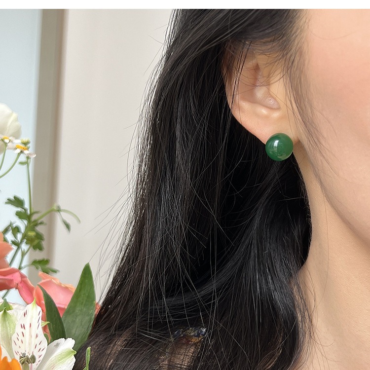 925 Silver White New Chinese Green Agate Chalcedony Earrings Light Luxury Niche Elegant High-end American Gold Earrings