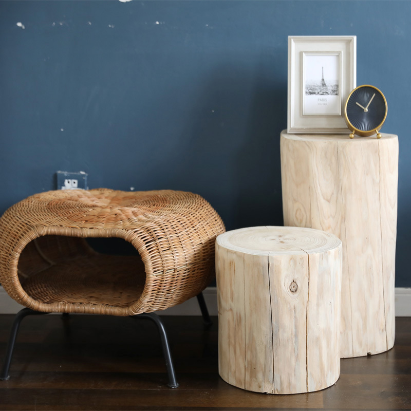 Nordic Solid Wood Round Stool, Log Tree Stump Ornament, Root Carving Stool, Wooden Stool for Changing Shoes, Living Room Wooden Coffee Table