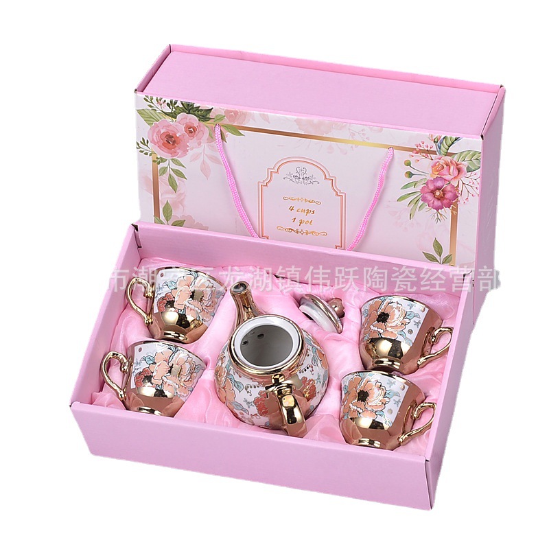 European-style gold-plated ceramic tea set cross-border electroplating coffee cups and saucers will sell gifts a pot of four cups gift box