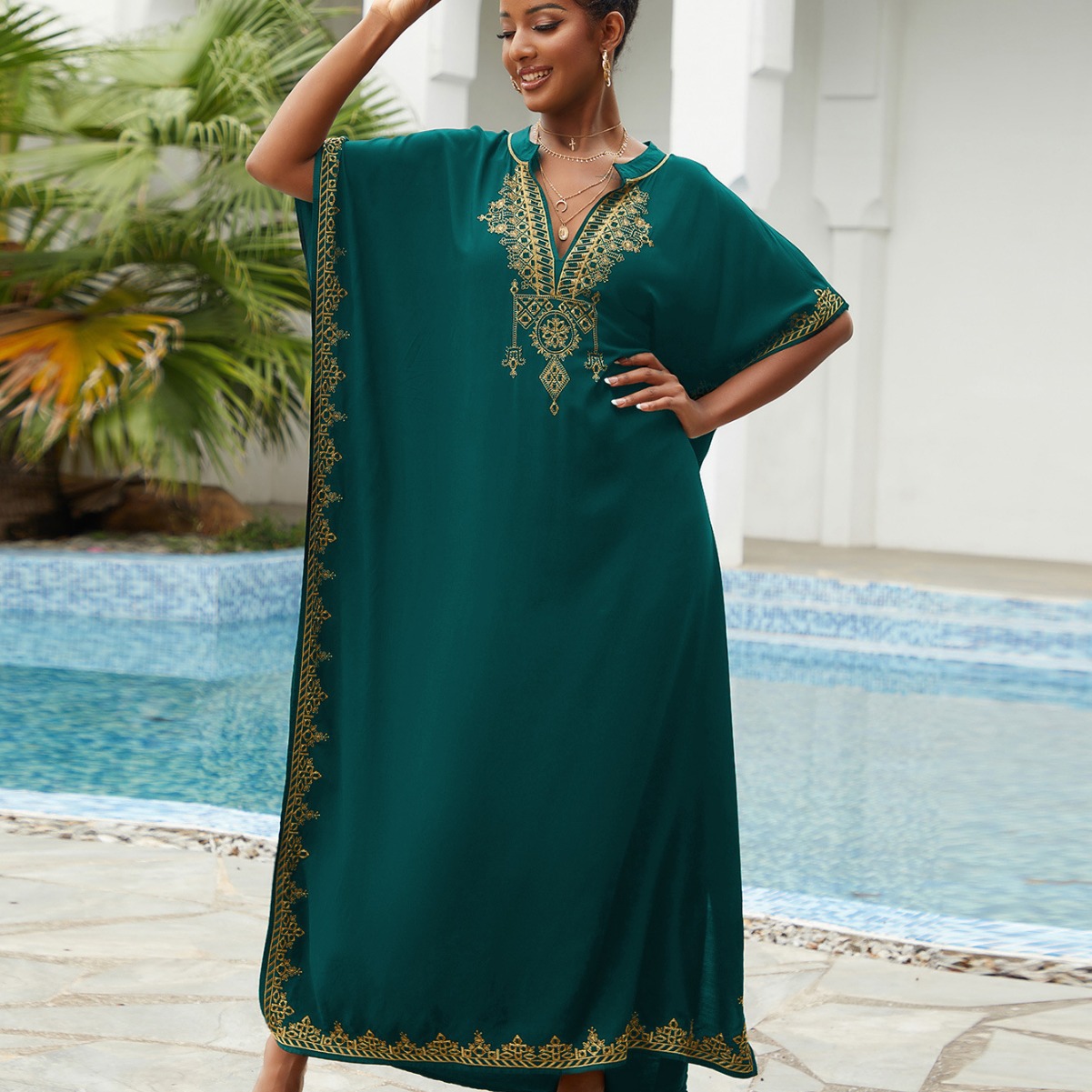 Beach blouse rayon embroidered holiday robe stand collar dress cross-border Amazon 23001(5 colors) L